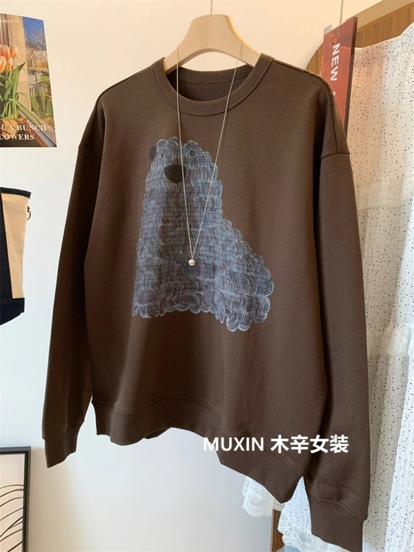 美式复古长毛狗狗印花宽松毛线圈秋季时尚大版圆领休闲卫衣女上衣|undefined