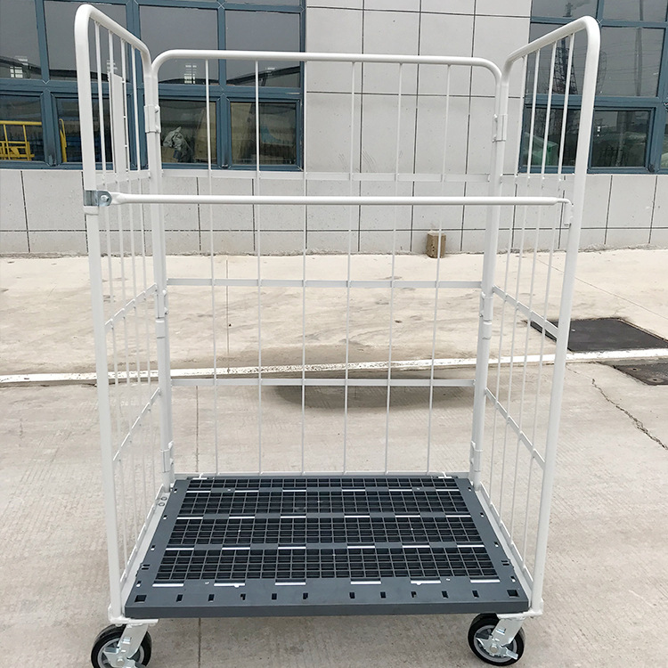 物流台车 塑料底板加钢管三面围栏聚氨酯脚轮折叠式 手推车