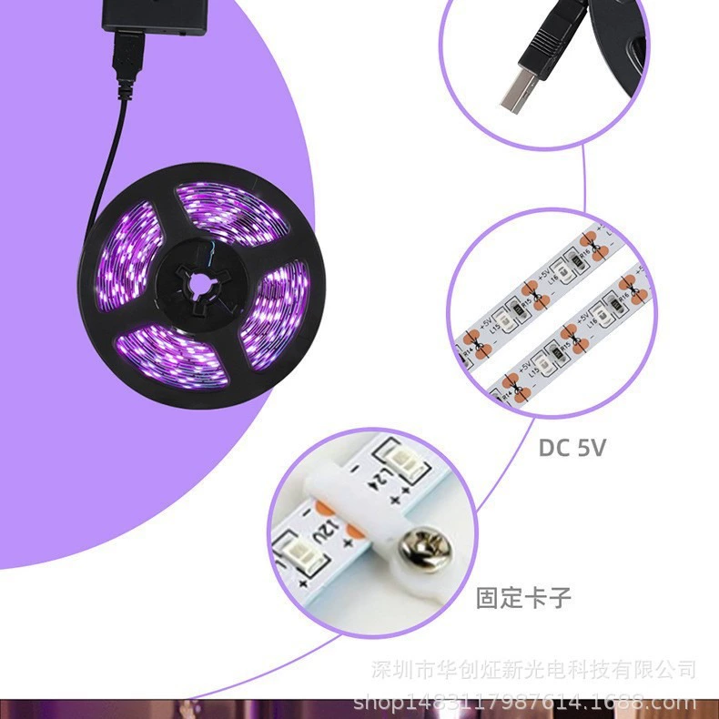 UV LED light strip, 5 V, 395–400 nm (UV purple), 1–3 m, optional black battery case