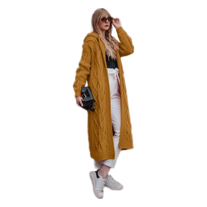 Nuevo modelo de comercio exterior 2025wish, suéter cárdigan largo con capucha de color sólido, éxito de ventas en Europa y América para otoño e invierno, suéter de punto trenzado para mujer