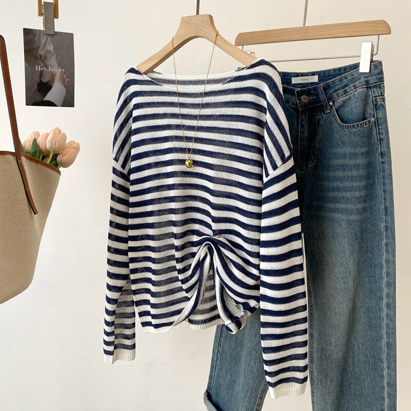 26 Spring/Summer New Imported Japanese Paper Sand Round Neck Rolled Edge Striped Knit Sweater Loose Casual Breathable Top A65012