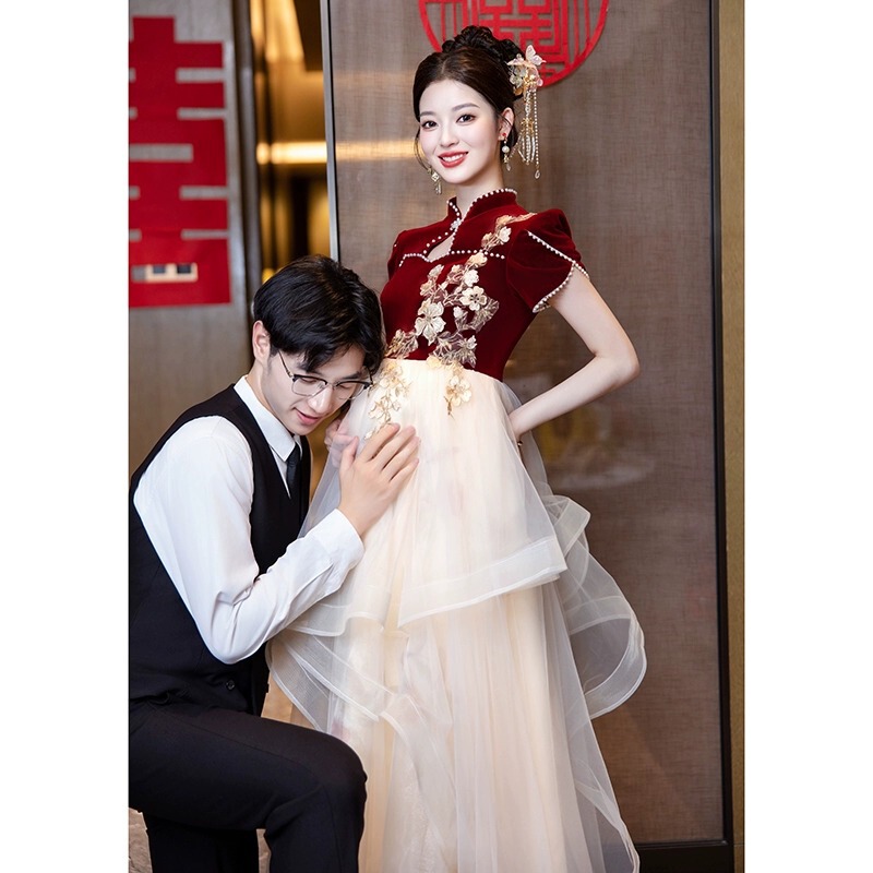 Red Toasting Dress Bride Wedding Pregnant Women's Back Door Lounge Dress High-end Engagement Dress Wedding Dress plus size chubby girl Women
