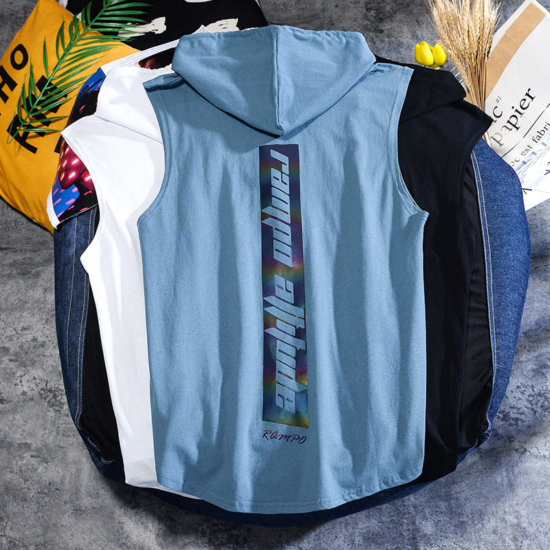 T-shirt senza maniche in cotone di cotone Xinjiang a fiocco lungo gilet maschile marea marca laser riflettente con cappuccio sciolto taglie forti T-shirt marea_voghion.com