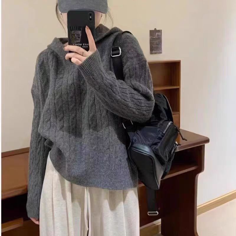 Autumn and Winter Hooded Cashmere Sweater for Women, Loose and Lazy Style, Twisted Pattern Hooded Sweater, Knitted Base Layer, Wool Sweatshirt, Soft and Cozy