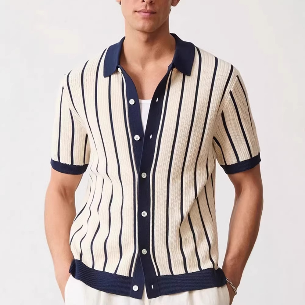 Men's Plus Size Polo Shirt Summer Striped Short Sleeve Knit Loose Collar Top T-Shirt_viptrois.com