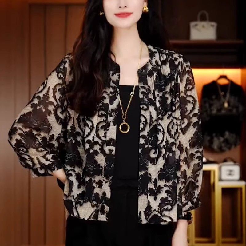 气质百搭七分袖开衫衬衫女夏季新款宽松显瘦中年妈妈装防晒衣外套