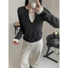 特色设计V领美式复古拼接假两件弹力长袖修身显瘦辣妹上衣秋装ZL