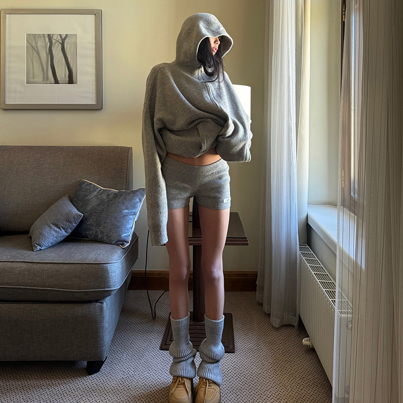 番茄妹妹灰色连帽毛衣秋冬慵懒风针织开衫拉链套装女|undefined
