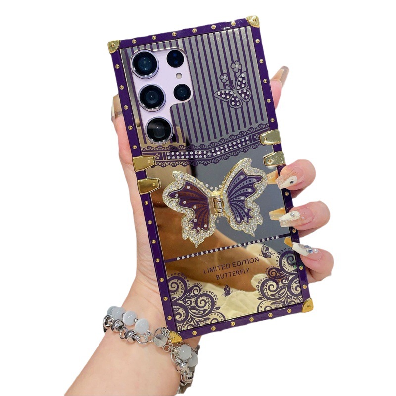 Adecuado para Samsung S24 mariposa diamante-incrustado soporte teléfono caso A73 maquillaje espejo pasarela cuadrado caso protector avanzado