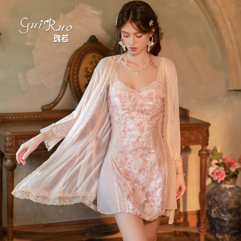 Dz Gorgeous Hot Low-Cut Removable Breast Pad Deep V Backless Butterfly Print Large Size Women's Nightgown Outer Robe Set C6534