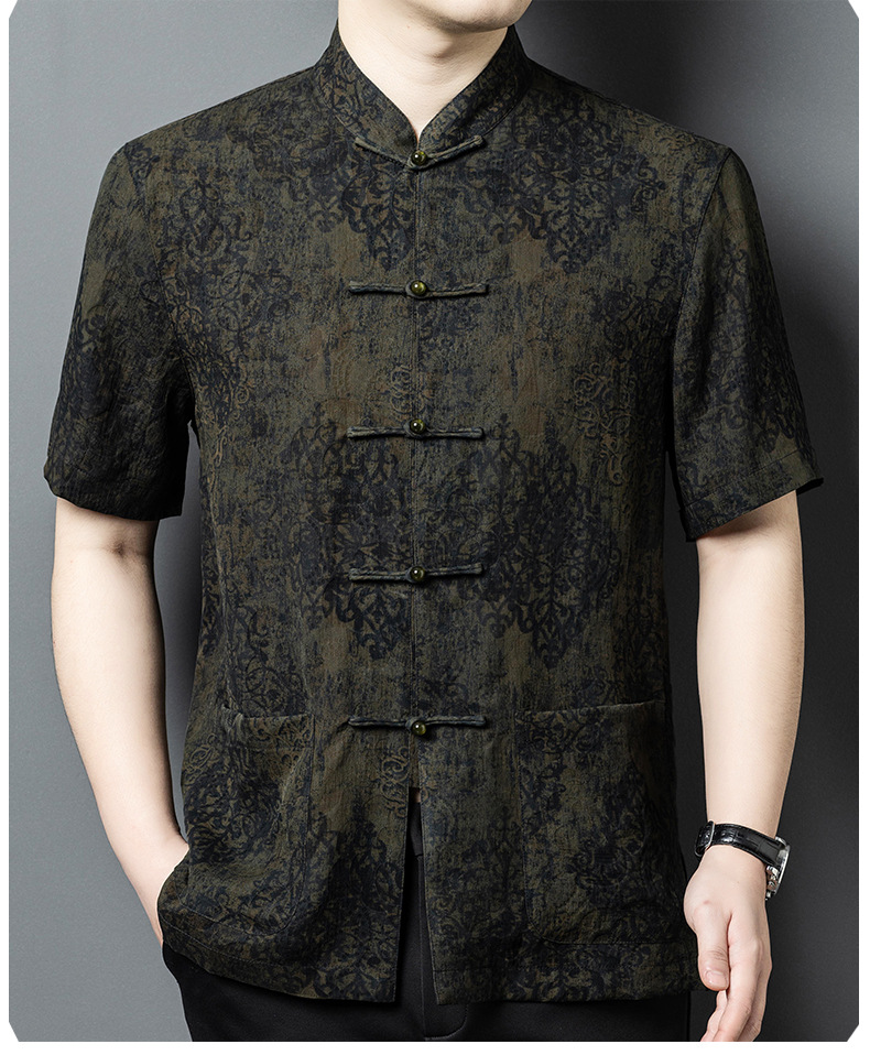 Áo sơ mi nam tay ngắn cổ đứng kiểu Trung Hoa lụa tơ tằm Mulberry Silk — Quân đội xanh 625179 chi tiết 11