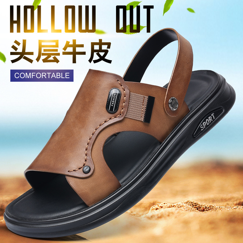 Verano de piel de vaca de cabeza zapatos de playa para hombres sandalias de cuero zapatillas casuales de cuero para hombres zapatillas respirables para hombres