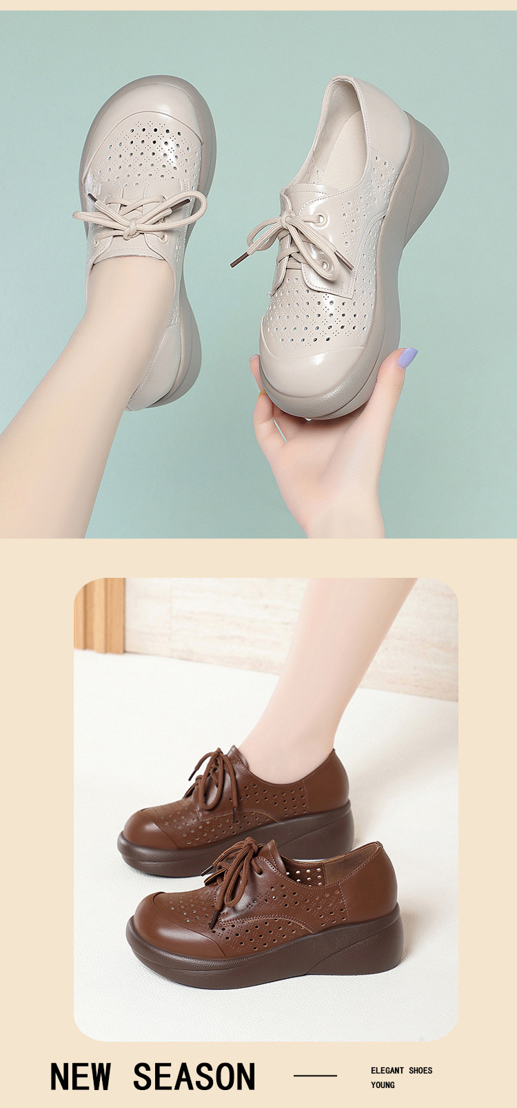 Sandal nữ đế xuồng cao gót da thật lỗ thoáng khí mũi tròn — màu nâu chi tiết 8