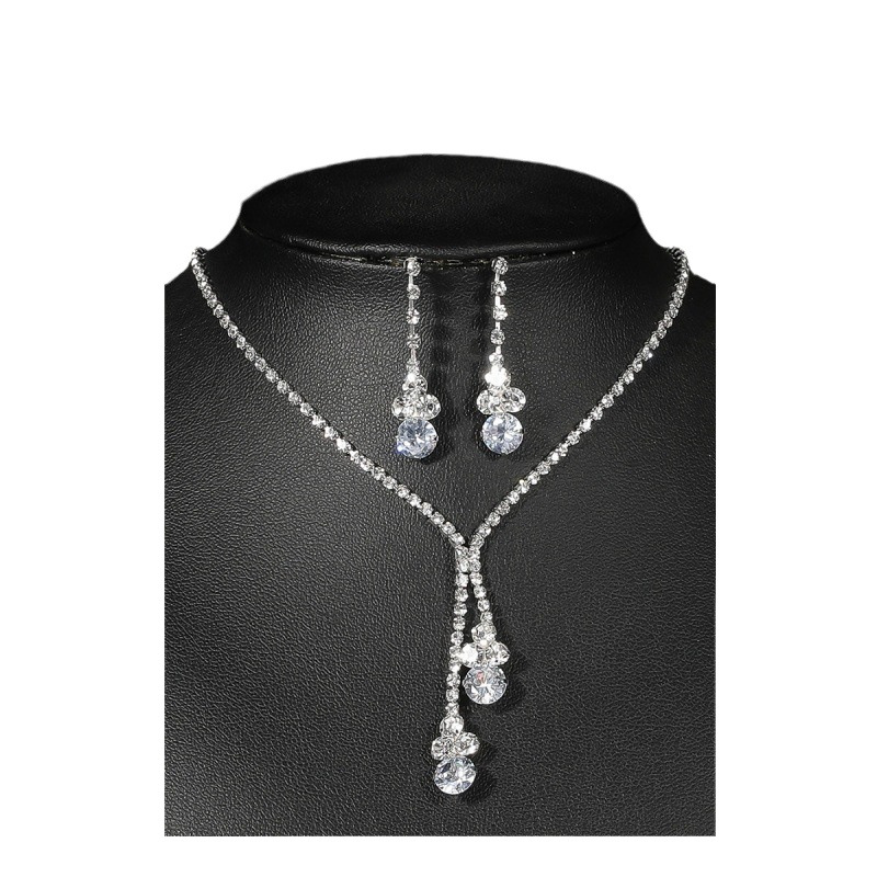 Conjunto de novia de tres piezas, collar, pendientes, cadena de estrás, joyería para banquetes_voghion.com
