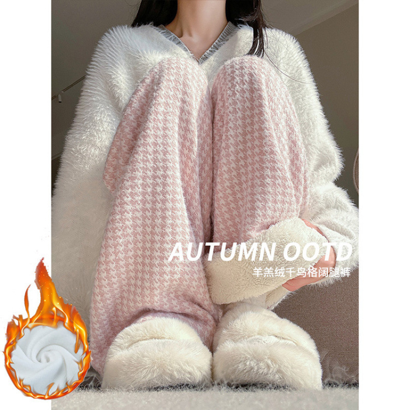 高级感千鸟格直筒阔腿裤女2025秋冬新款慵懒风高腰显瘦垂感休闲裤