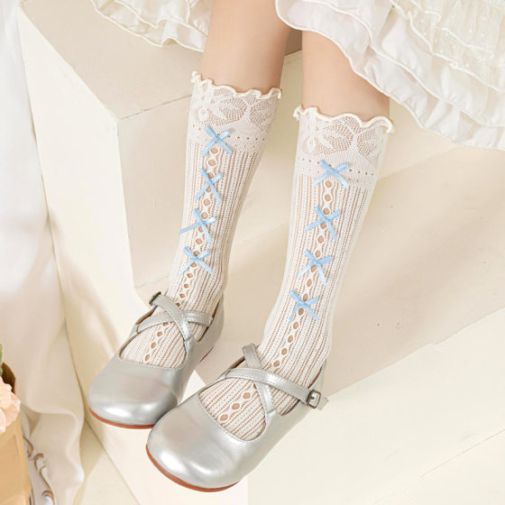 Girls Socks Summer Thin Long Tube Hole Small Bow Lace Cute Korean Lolita Baby Princess Pile
