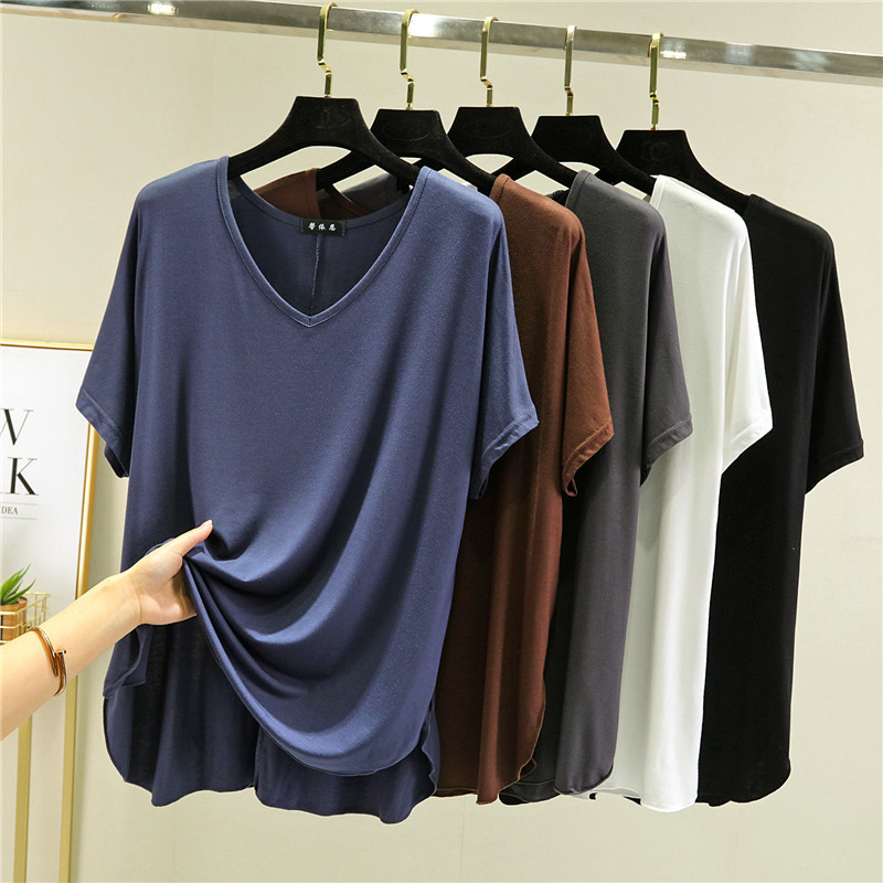 Modal Women's Summer V-neck Solid Color T-shirt Large Size Loose Korean-style All-match Outer Wear Top Thin Slimming Base Shirt Modal Women's Summer V-neck Solid Color T-shirt Large Size Loose Korean-style All-match Outer Wear Top Thin Slimming Base Shirt