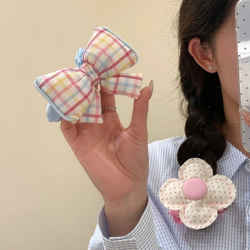 子供っぽいガーリーハートチェック柄リボン水玉花ヘアバンド女性の立体ポニーテールヘアロープボールヘアロープ|undefined