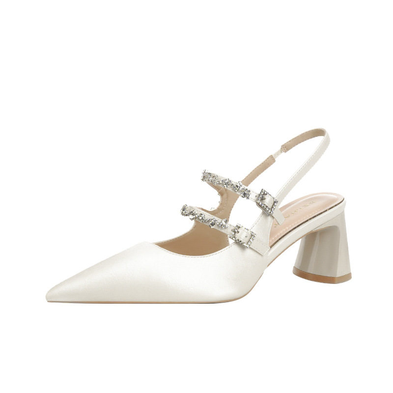 Giày sandal cao gót nữ mũi nhọn gót thô hở gót kiểu Mary Jane đính đá, gót 6–8 cm — Màu bạc, Màu trắng ngà