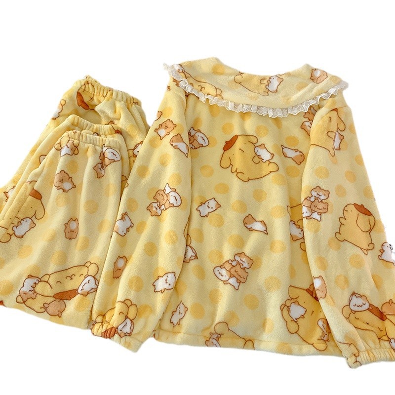 부드러운 귀여운 인형 칼라 산호 양털 파자마 여성의 겨울 2024 새로운 기모 두꺼운 소녀의 집 옷 세트