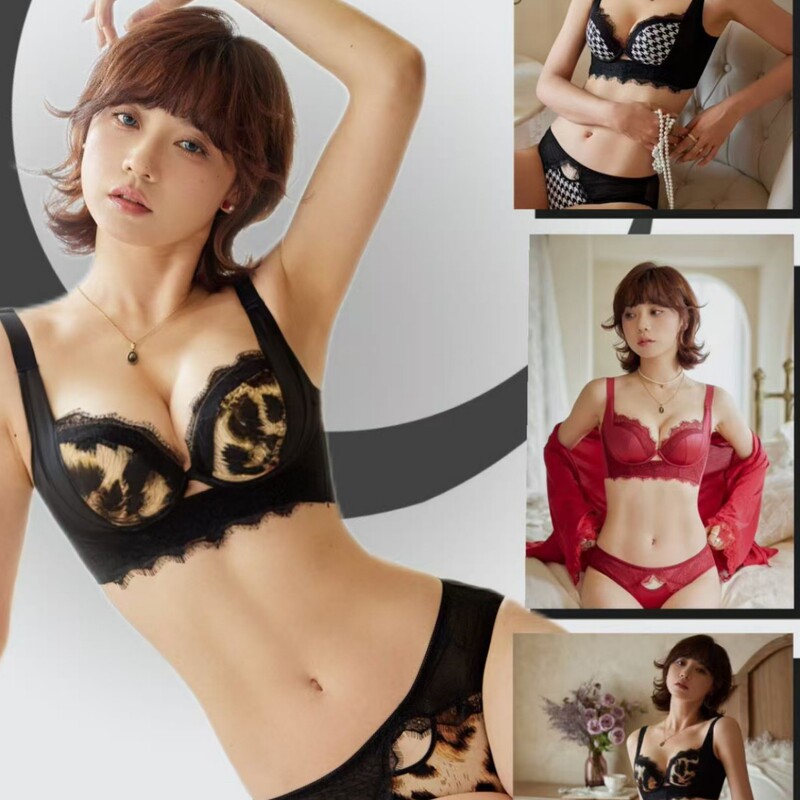 6896 Red Sexy Leopard-Print Houndstooth Bra Fine-Tuning Plastic Push-up Medium Thick Non-Rim Underwear suit