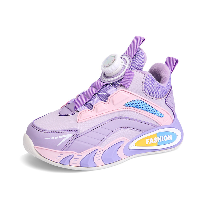 Sportschuhe aus Leder für Kinder mit drehbaren Knöpfen, fleecegefüttertem, baumwollgepolstertem Mesh-Obermaterial für Jungen und Mädchen (Frühlingsmodell)_voghion.com