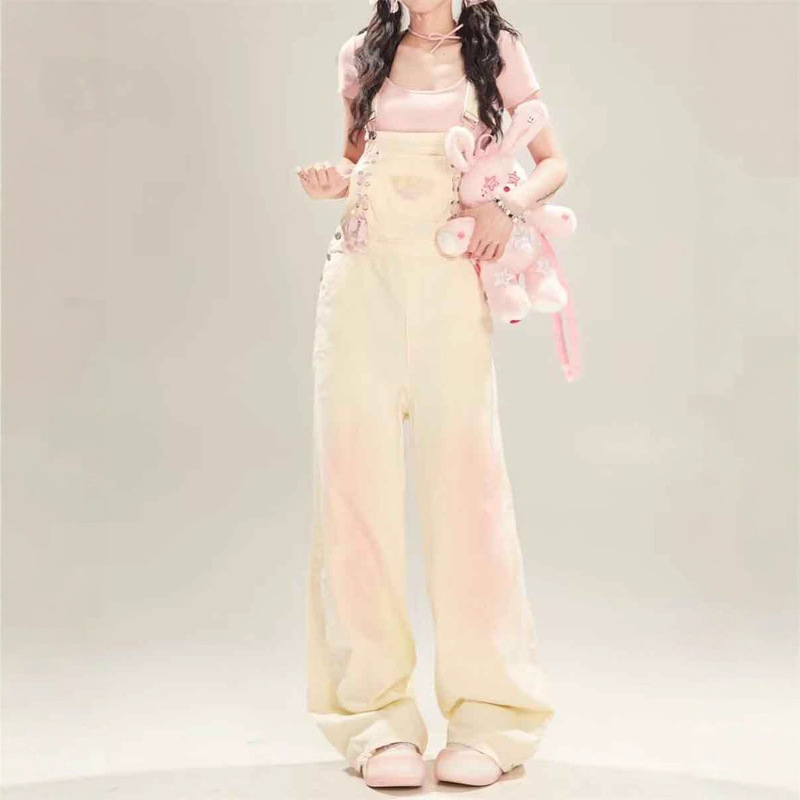 Dopamine Pink Gradient Tie-Up Fufu Overalls for Women 2025 Summer New Casual Wide-Leg Jumpsuit Pants