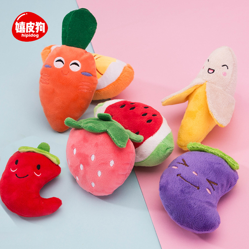 Dibujos animados de frutas y verduras perro peluche sonido juguete oso gato lindo colorido fruta mascota molar suministros