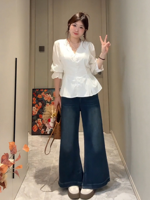 2025大码胖mm法式蕾丝拼接长袖白色衬衫女秋季显瘦感收腰衬衣上衣|undefined