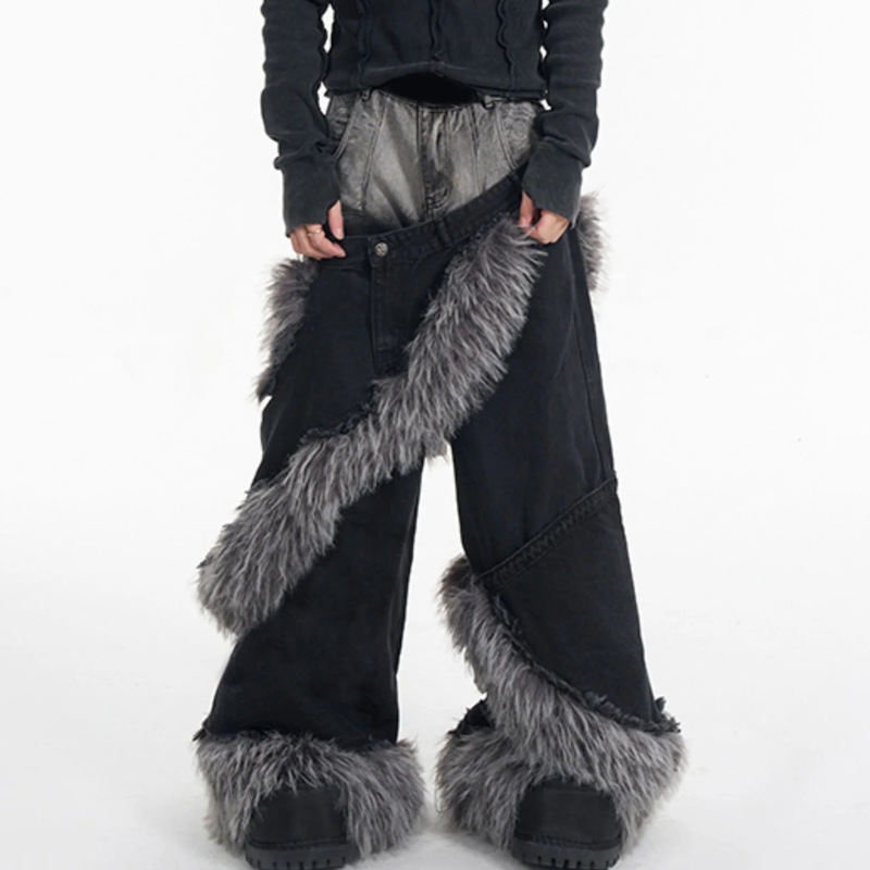 Y2K Gothic High Street Niche Ins Style Personalized Furry Men's and Women's Same Style Fur Spiral Flared Jeans