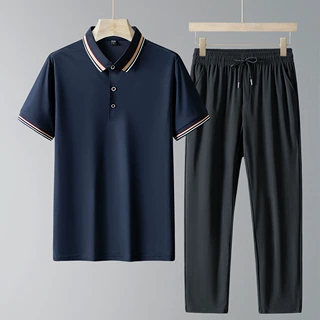 夏季新款休闲运动套装冰丝POLO衫男短袖中老年套装冰丝长裤两件装