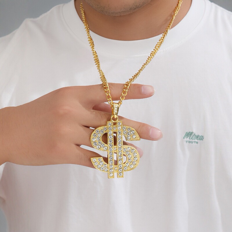 Exaggerated Hip-Hop Style Bold Dollar Sign Necklace with Alloy and Rhinestone Chain, Unique and Trendy Pendant for Men