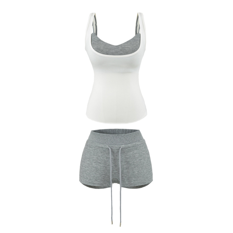 American-style sexy slim-fit camisole with chest pads for women + solid color slimming drawstring casual shorts three-piece set