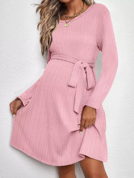 Maternity Wear Cross-Border Export European and American Elegant Maternity A-Line Skirt Round Neck Long-Sleeved Natural Belt Maternity Dress