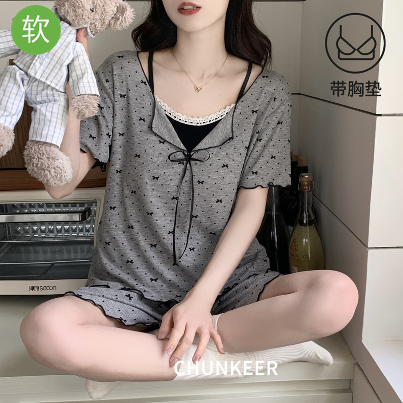 Modal Pajamas with Chest Pad Women's Summer Cool Short-sleeved Shorts Simple Round Neck Home Clothes suit Casual Outer Wear