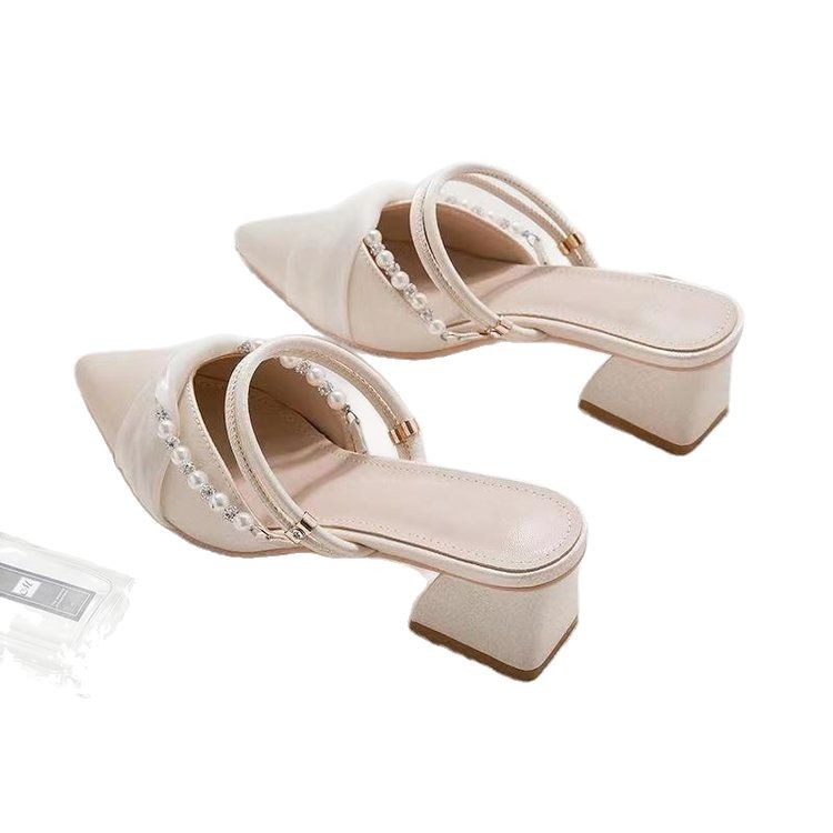 2025 primavera y verano nuevo estilo zapatos de mujer de tacón alto medio zapatilla francesa estilo hada dos ropa Baotou puntiagudo sandalias zapatos de mujer