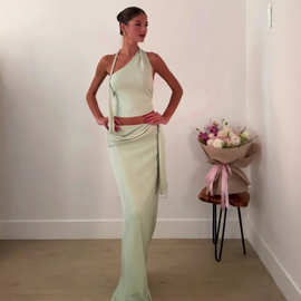 跨境欧美女装新款时尚斜领挂脖上衣女修身飘带包臀半身裙两件套