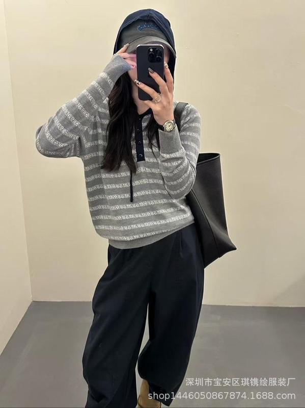 琪镌绘制条纹连帽打底衫女秋季款宽松时尚显瘦减龄休闲毛衣98199|undefined