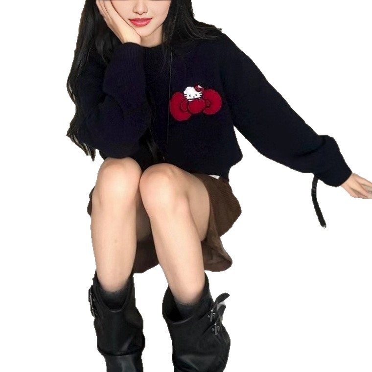 猫咪蝴蝶结提花套头圆领毛衣女2025秋冬新款减龄慵懒风针织衫上衣|undefined