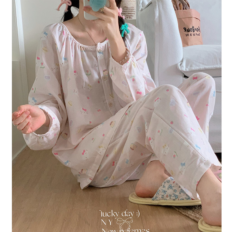 Autumn New Product Sweet and Cute Ins Style Round Neck Cardigan Aerobic Cotton Gauze Pajamas Loose Cotton Home Wear for Women