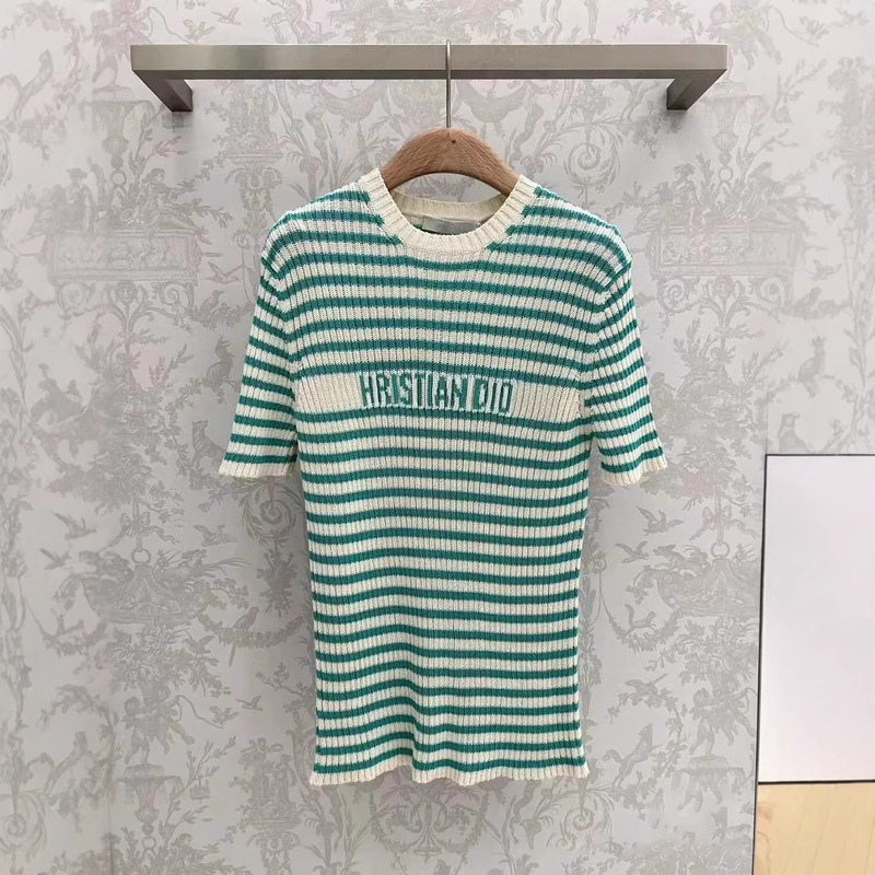 Nanyou Boutique 26 New Style Letter Striped Mint Mambo Knit Sweater Women's Round Neck Slim Fit Short Sleeve Top