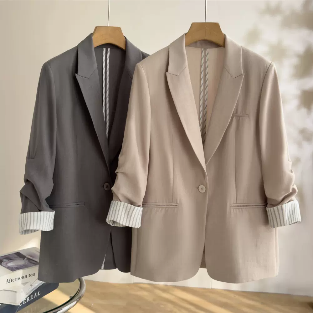恩迪天丝亚麻七分袖西装外套女春季新款条纹休闲一粒扣西服上衣