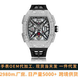品牌新款外贸爆款欧美镶钻商务直播男士手表跑秒酒桶型镂空石英表