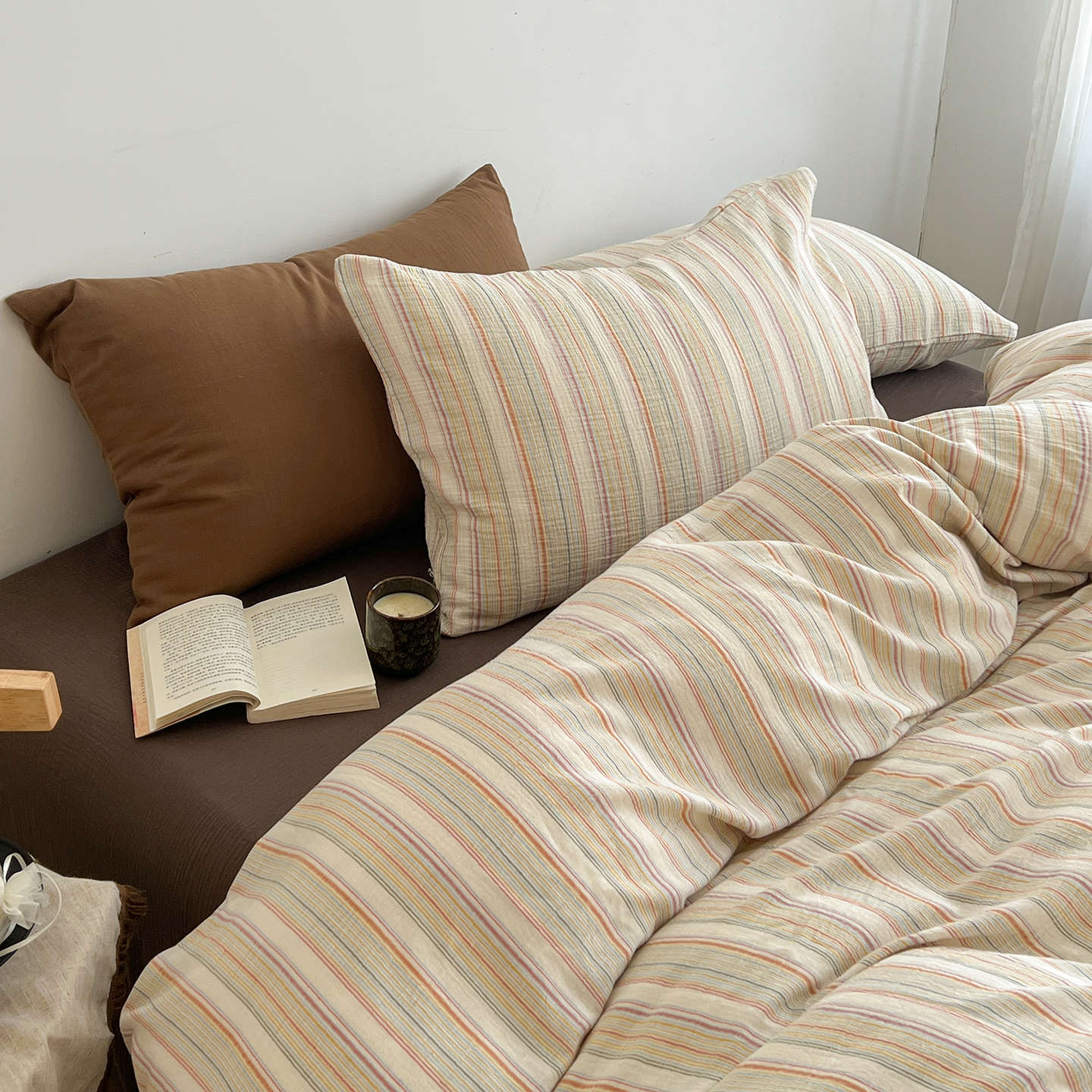 Cama a cuadros a rayas de algodón lavado de cuatro piezas, dormitorio de estudiantes de primavera y verano, sábana individual, funda de edredón, juego de tres piezas lavable a máquina