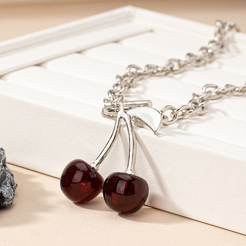 Date, Tea Party Occasion Cute Classic Style Cherry Arylic Alloy Cable Chain Pendant Necklaces Wholesale