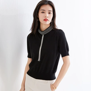 女式针织衫女春夏上衣时尚女装新款毛衫流苏链条显瘦中袖打底毛衣