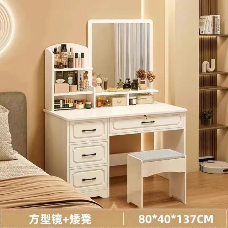 [사각거울 4단] 80cm 웜화이트 + 스툴