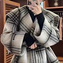 海军领羊毛大衣女秋冬双面羊绒格子大衣格纹翻领短款双面呢外套潮