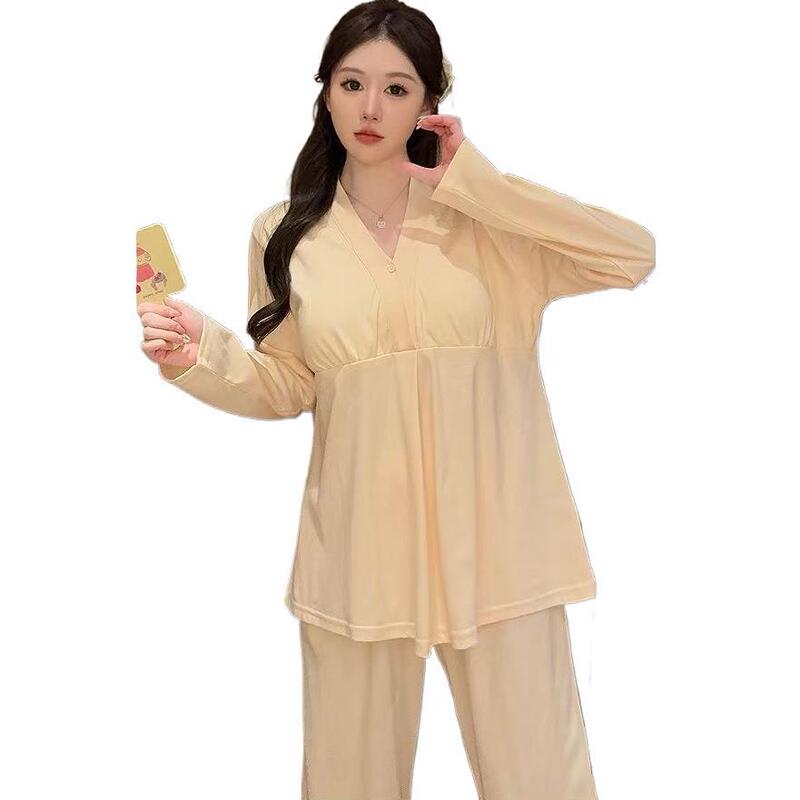 新款带胸垫孕妇睡衣女夏季薄款长袖长裤月子服宽松产前产后家居服|undefined