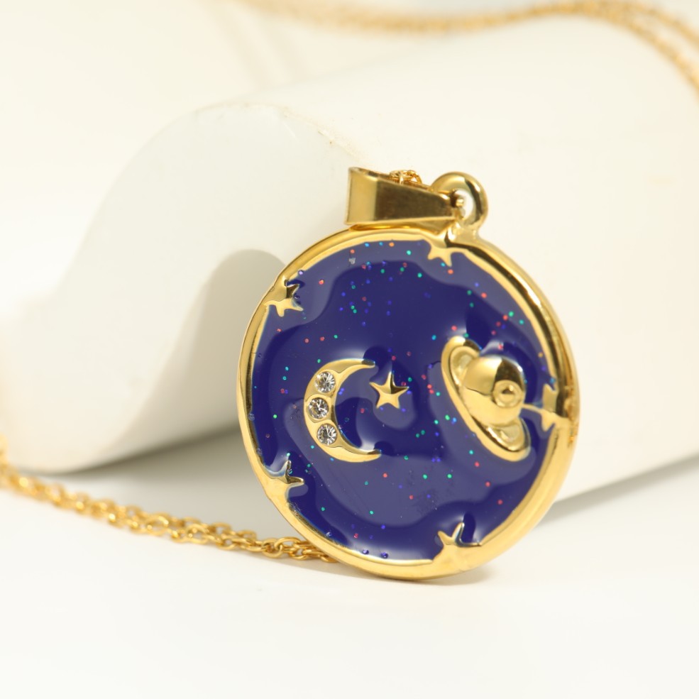 Saturno Luna Estrella Elemento Gota Aceite Colgante Titanio Acero Collar 18k Chapado En Oro display picture 2